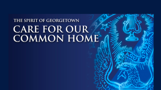 Blue graphic with seal with text: &quot;The Spirit of Georgetown Care for Our Common Home&quot;