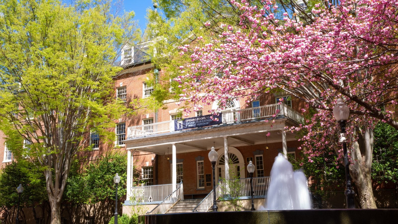 Old North with trees and cherry blossoms blooming