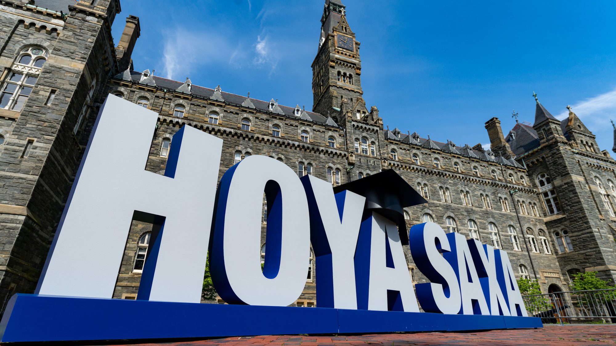 Large letters reading &quot;Hoya Saxa&quot; in front of Healy Hall