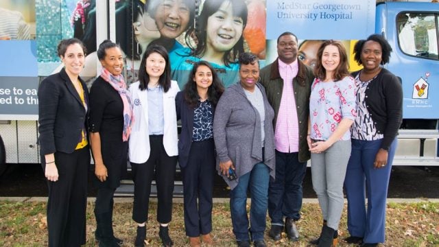 From left: Associate Professor Yael Cannon, Dr. Ana Caskin, Janet Shin (M&#039;20), Prashasti Bhatnagar (L&#039;22), Ella Barnes-Williams, Scott Grissett, Janine Rethy and Joanne Odom