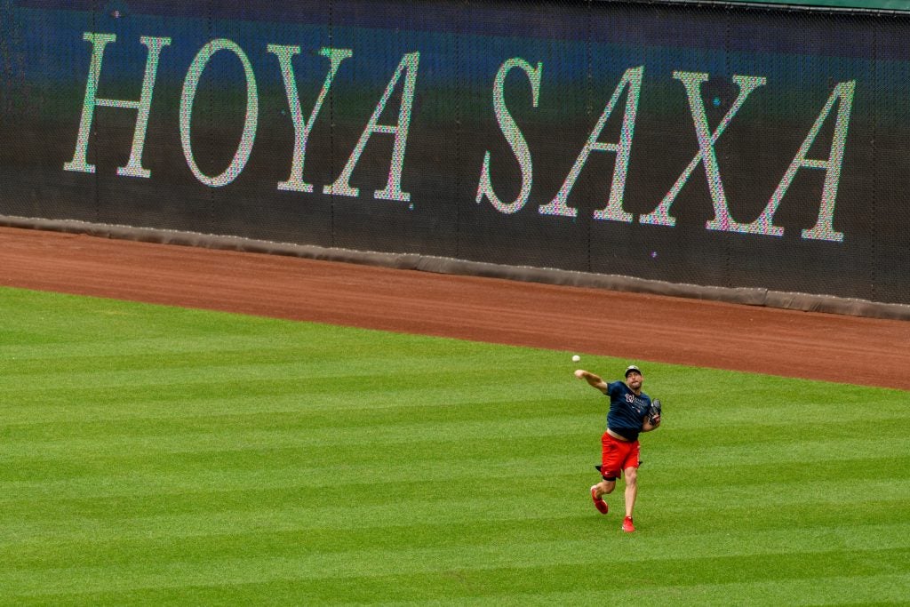 Nationals pitcher Max Scherzer warms up during commencement exercises