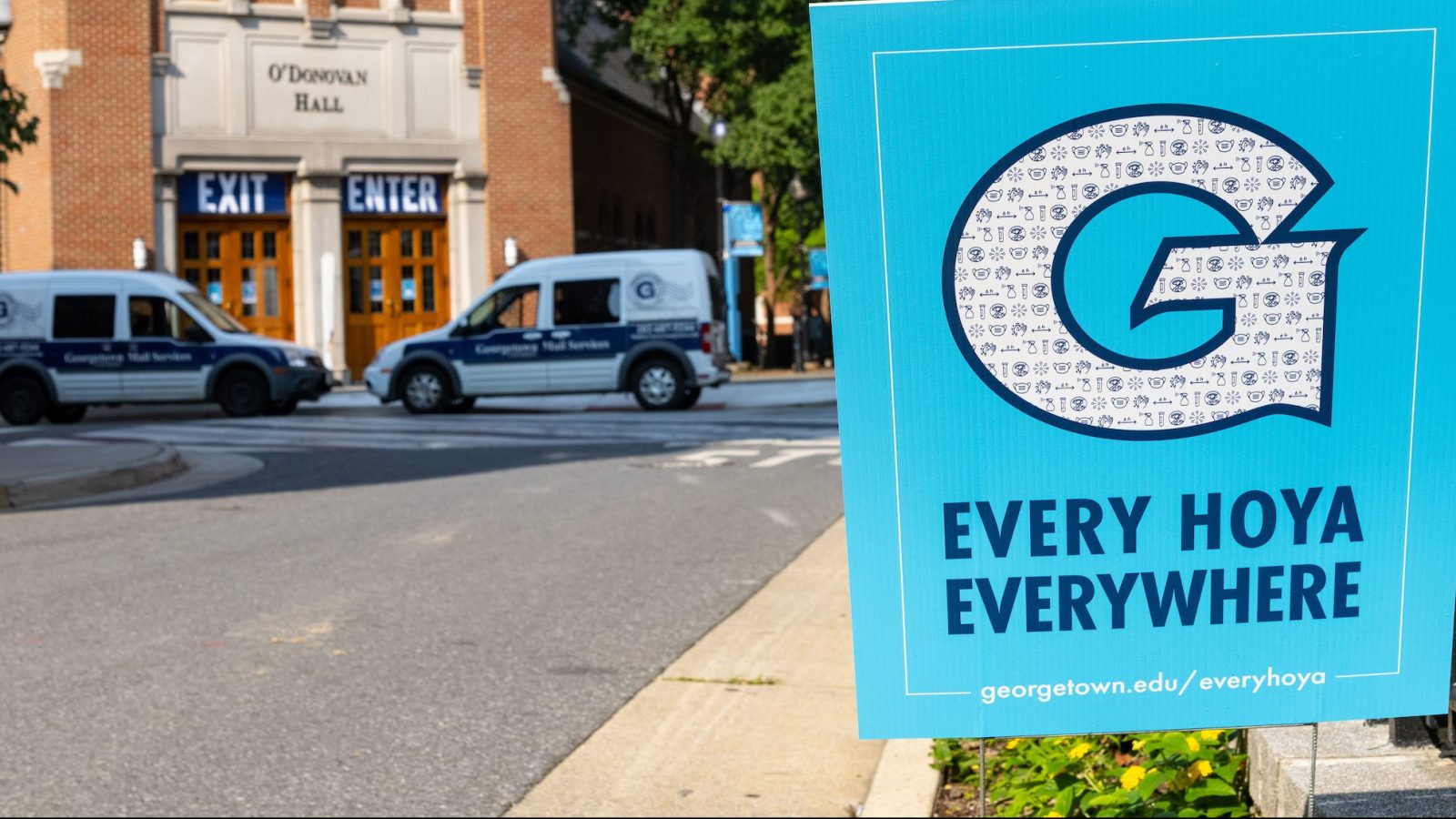 &quot;Every Hoya Everywhere&quot; blue sign in front of O&#039;Donovan Hall