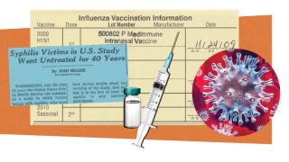 Syringe, news story, vaccine card and COVID-19 graphic