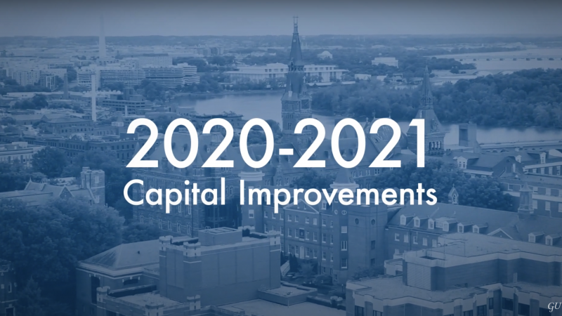 Aerial shot of Georgetown&#039;s Main Campus with blue tint and the text &quot;2020-2021 Capital Improvements&quot;