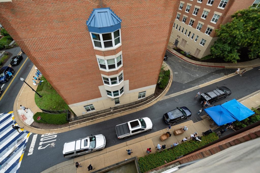 Aerial view of a queue of cars