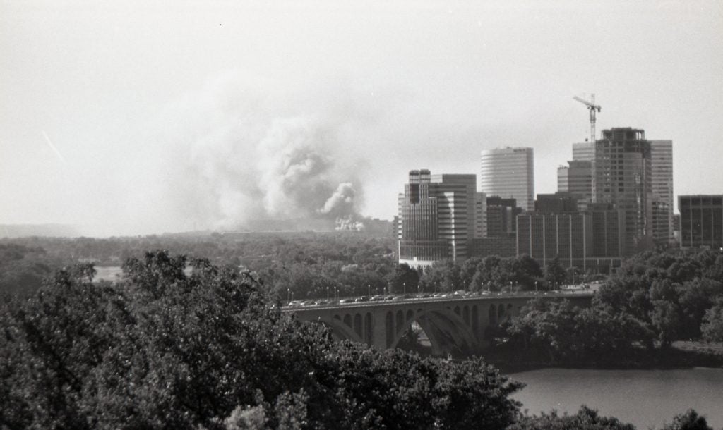 Smoke on the horizon next to Arlington and behind Key Bridge