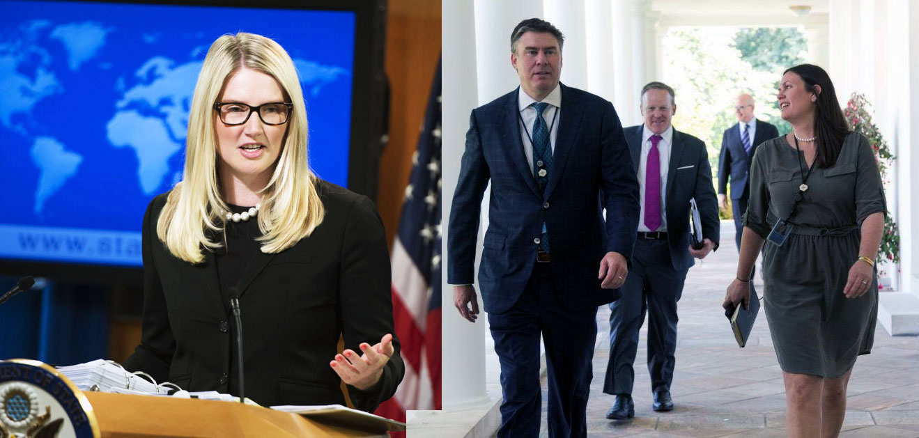 Mike Dubke (walking outside of the White House with Sean Spicer and Sarah Huckabee Sanders) and Marie Harf speaking behind a podium at the Department of State