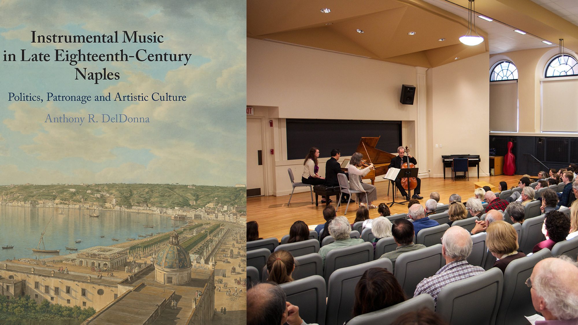 Book cover showing Naples skyline at left, and at right, photo of early music ensemble Modern Musick performing with violin, cello, and harpsichord.