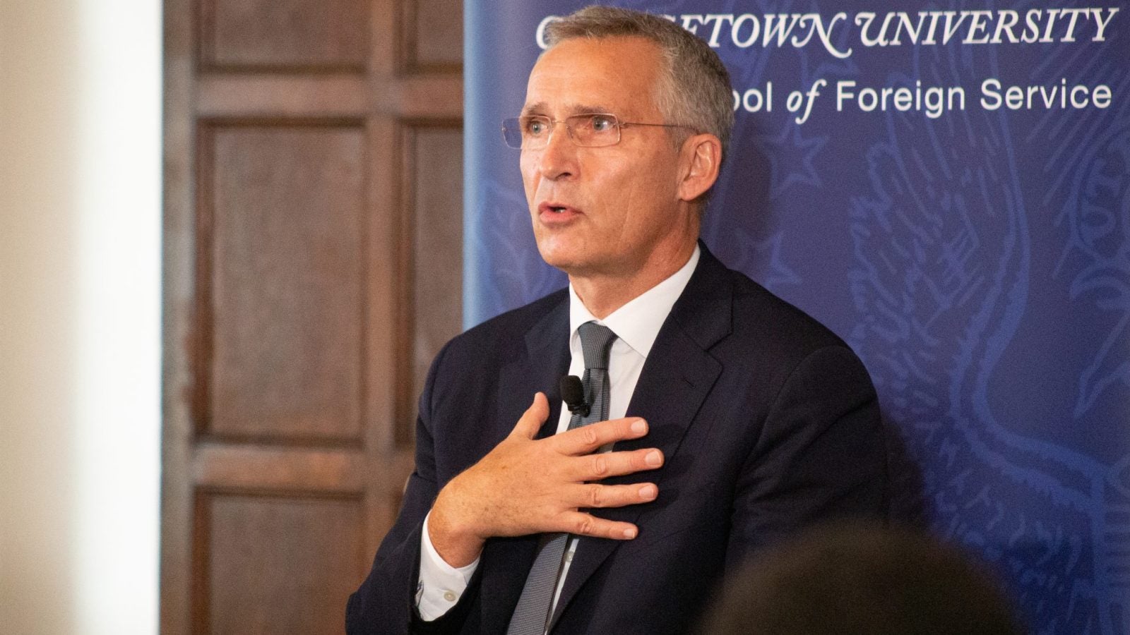 NATO Secretary General Jens Stoltenberg speaks at the Walsh School of Foreign Service&#039;s Oct. 5 event.