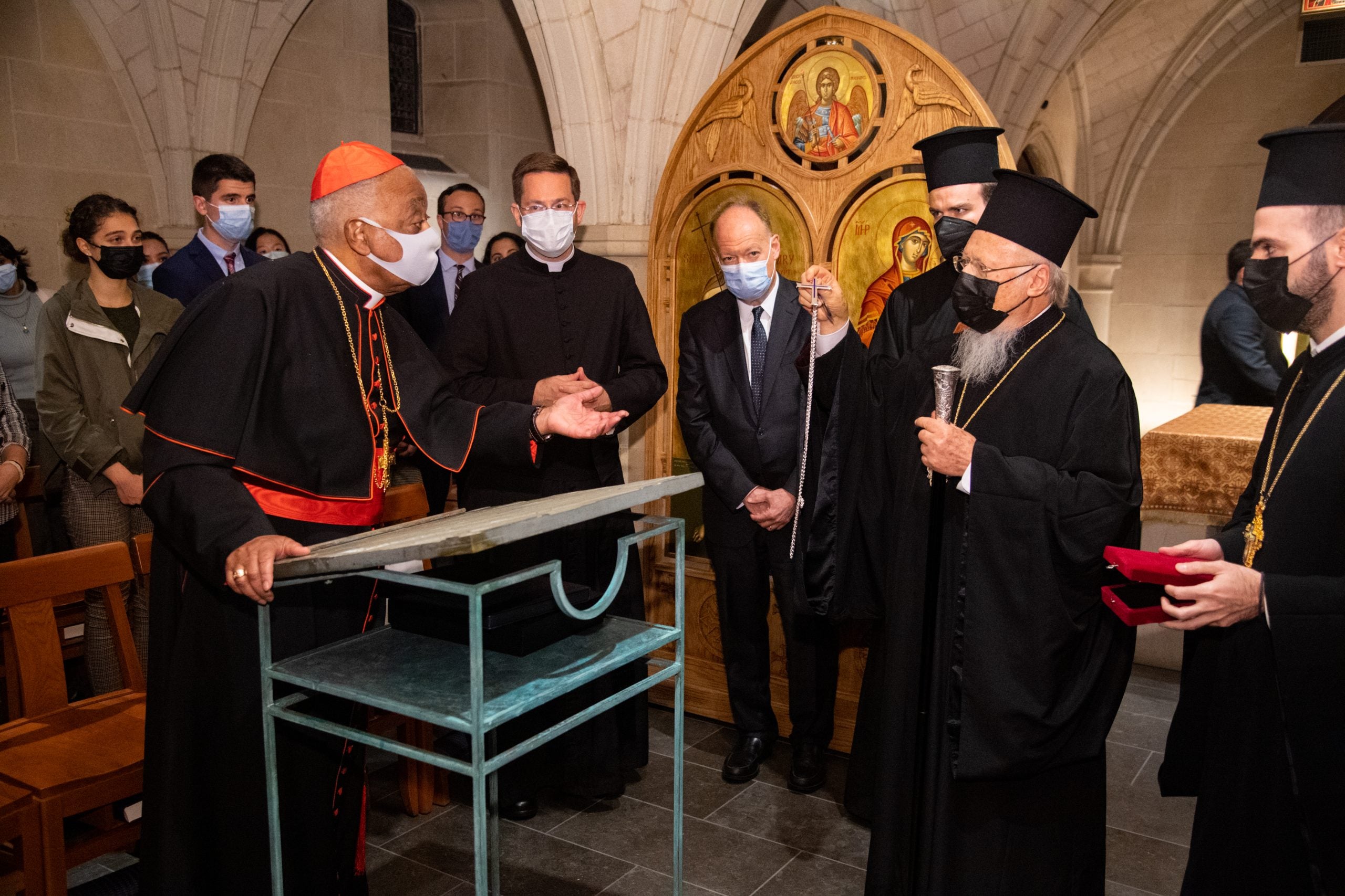 The Ecumenical Patriarch pictured with Cardinal Wilton Gregory, archbishop of Washington, DC, and Georgetown President John J. DeGioia.