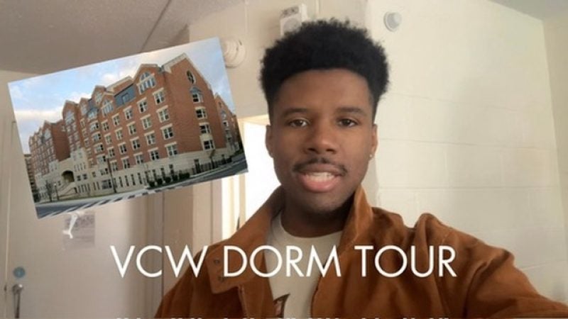 Young Black man selfie with an image of a college dorm with VCW Dorm Tour label