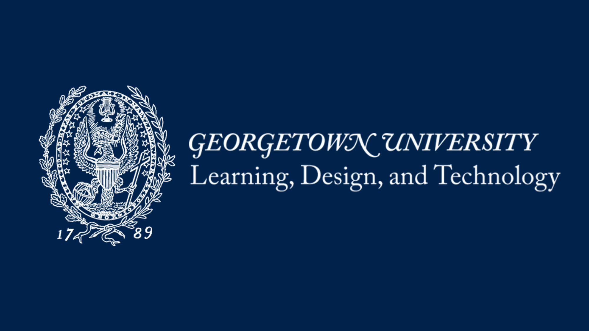 White version of the seal of the MA in Learning, Design, and Technology against a dark blue background.