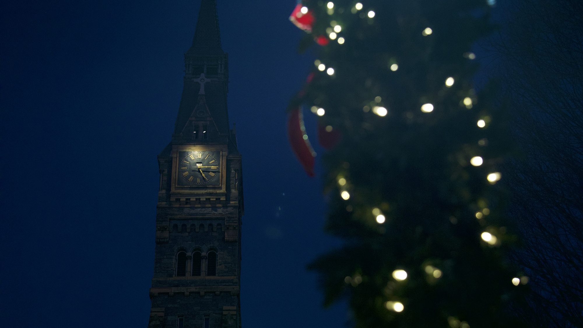 Festive holiday lights on greenery light up the night sky against a backdrop of the iconic Healy Building clocktower.
