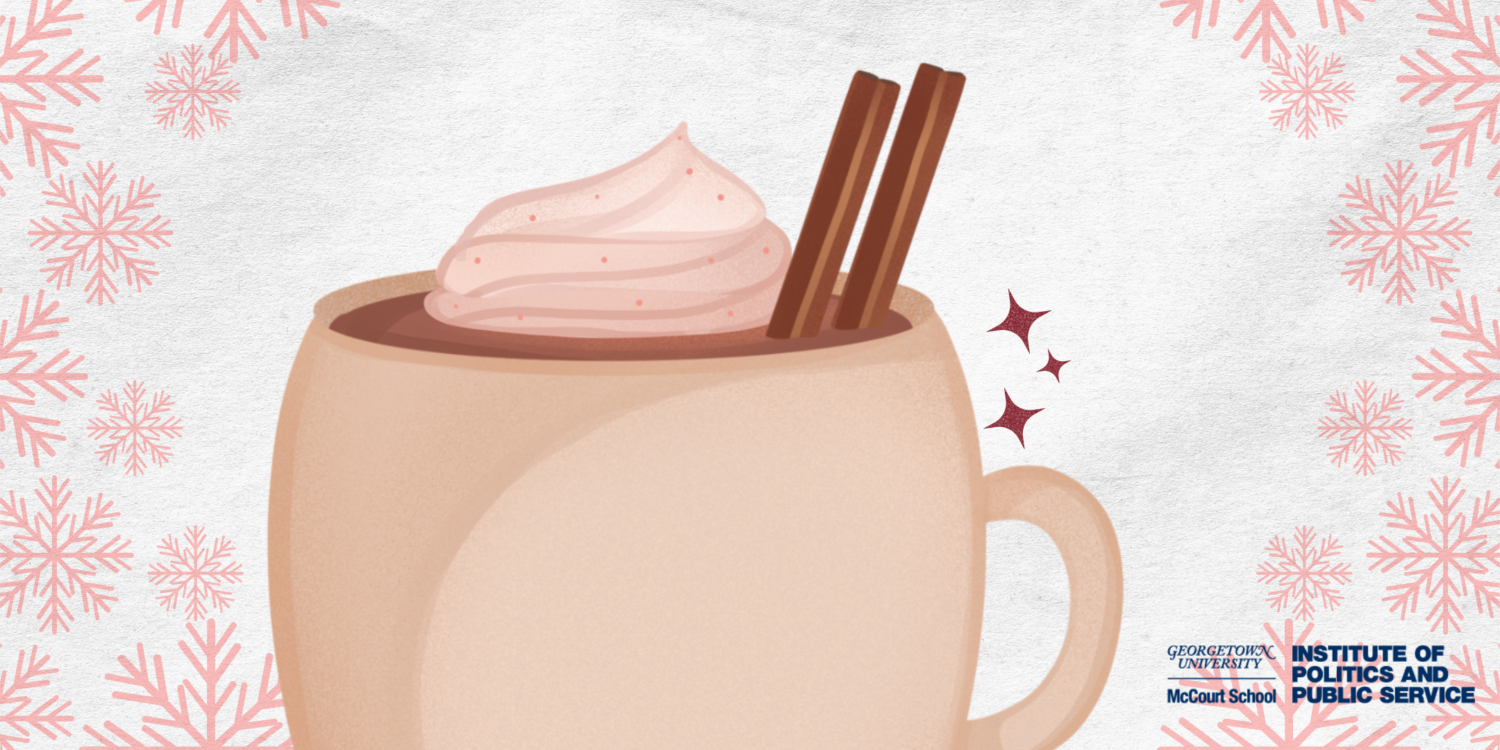 Illustration of a cup of hot chocolate with whipped cream and cinnamon sticks.