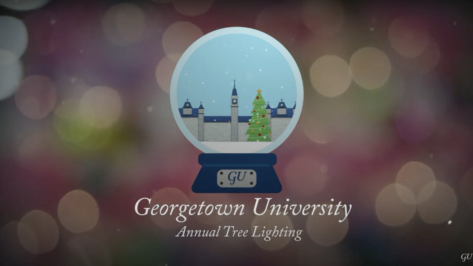 Graphic snow globe of Healy Hall in wintertime, text over the graphic reads 