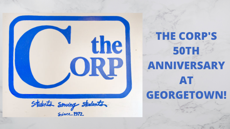 The Corp Logo with the text &quot;The Corp&#039;s 50th Anniversary at Georgetown&quot;