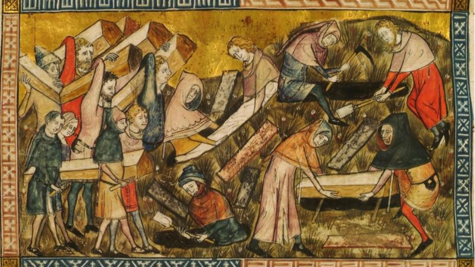 Mid-14th century illustration of Black Death burials in Tournai, Belgium.