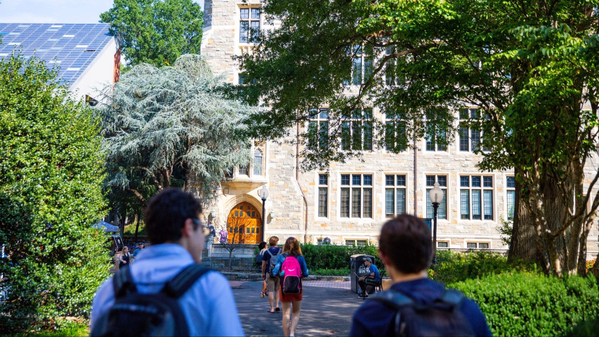 View from behind of students walking toward White Gravenor