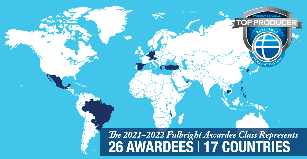A map of Georgetown's Fulbright student awardees