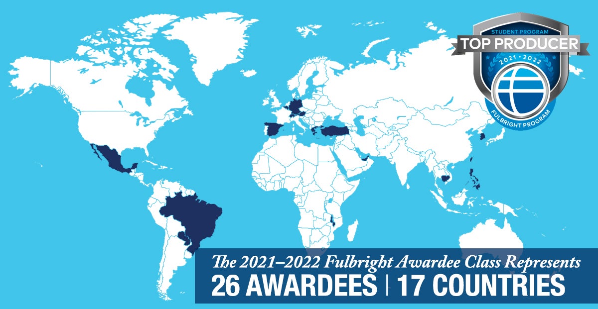 A map of Georgetown's Fulbright student awardees