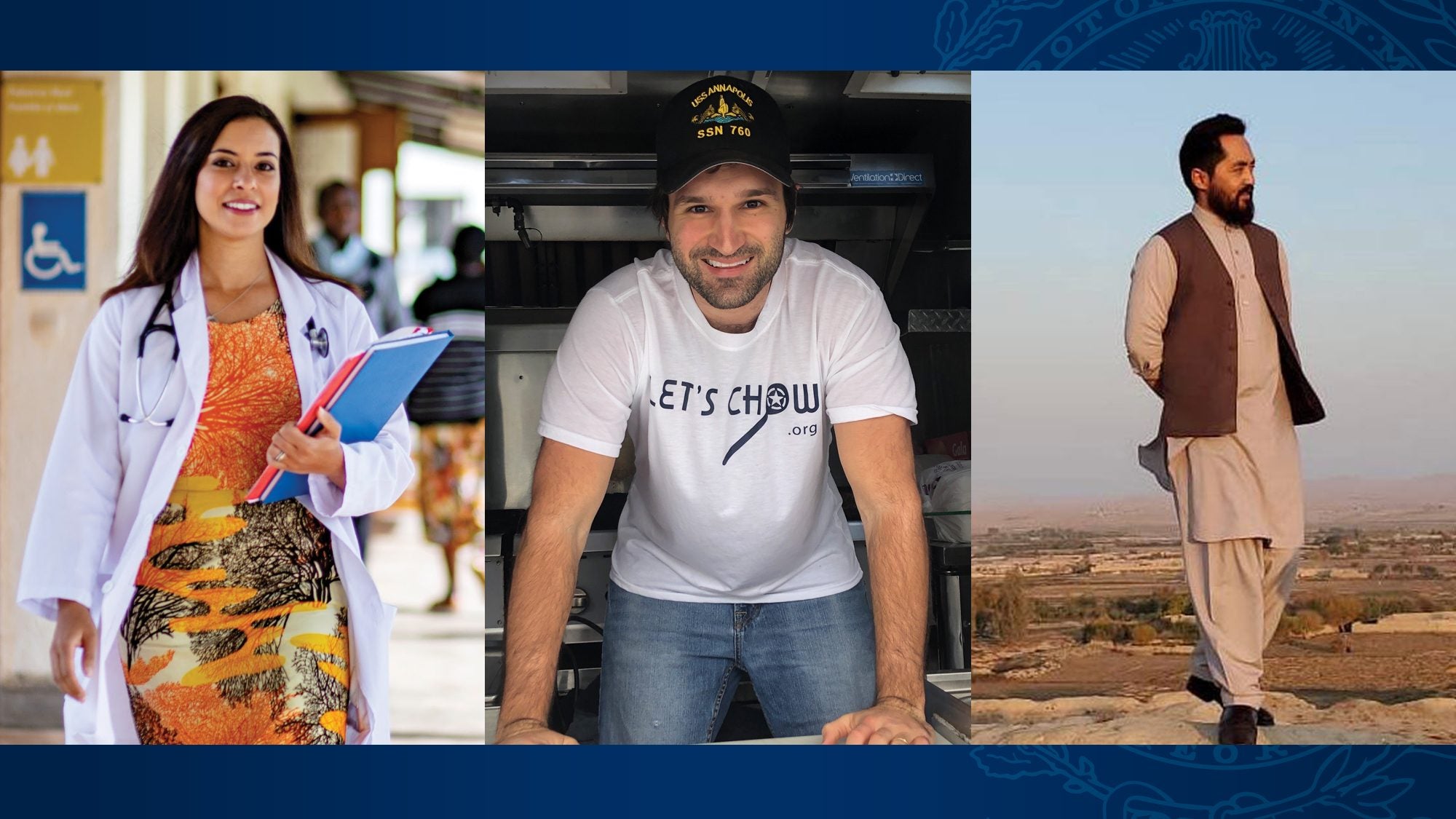 Three shots of a woman wearing a lab coat, a man in a food truck, and a man standing in a desert