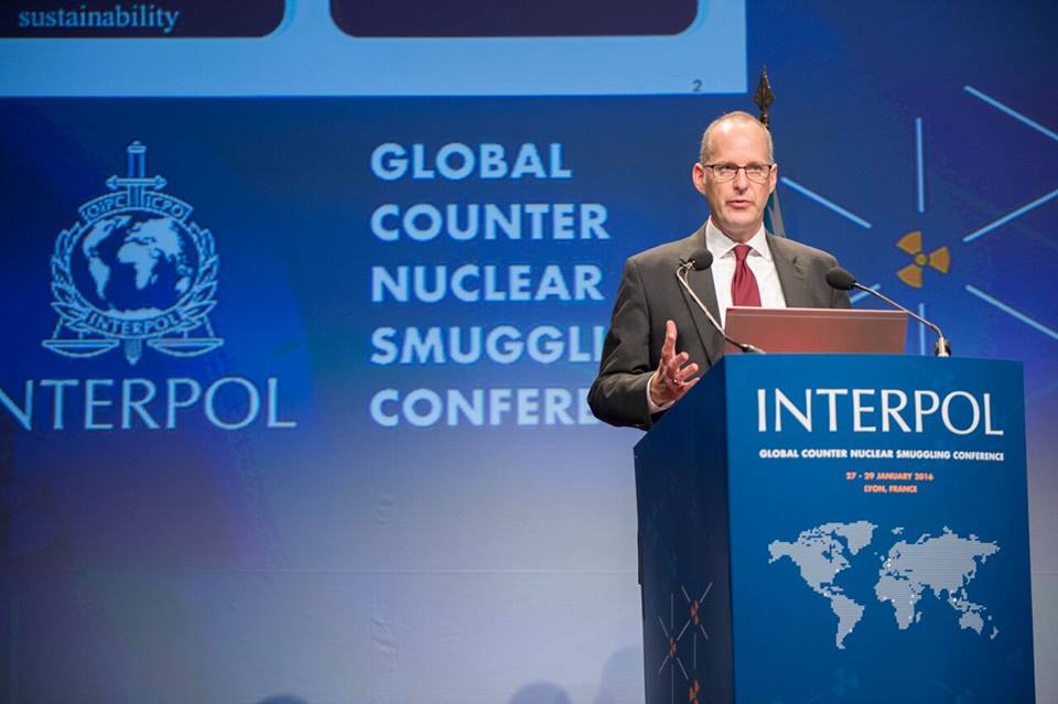 Geoff Odlum (SFS'89) speaks at an INTERPOL conference.