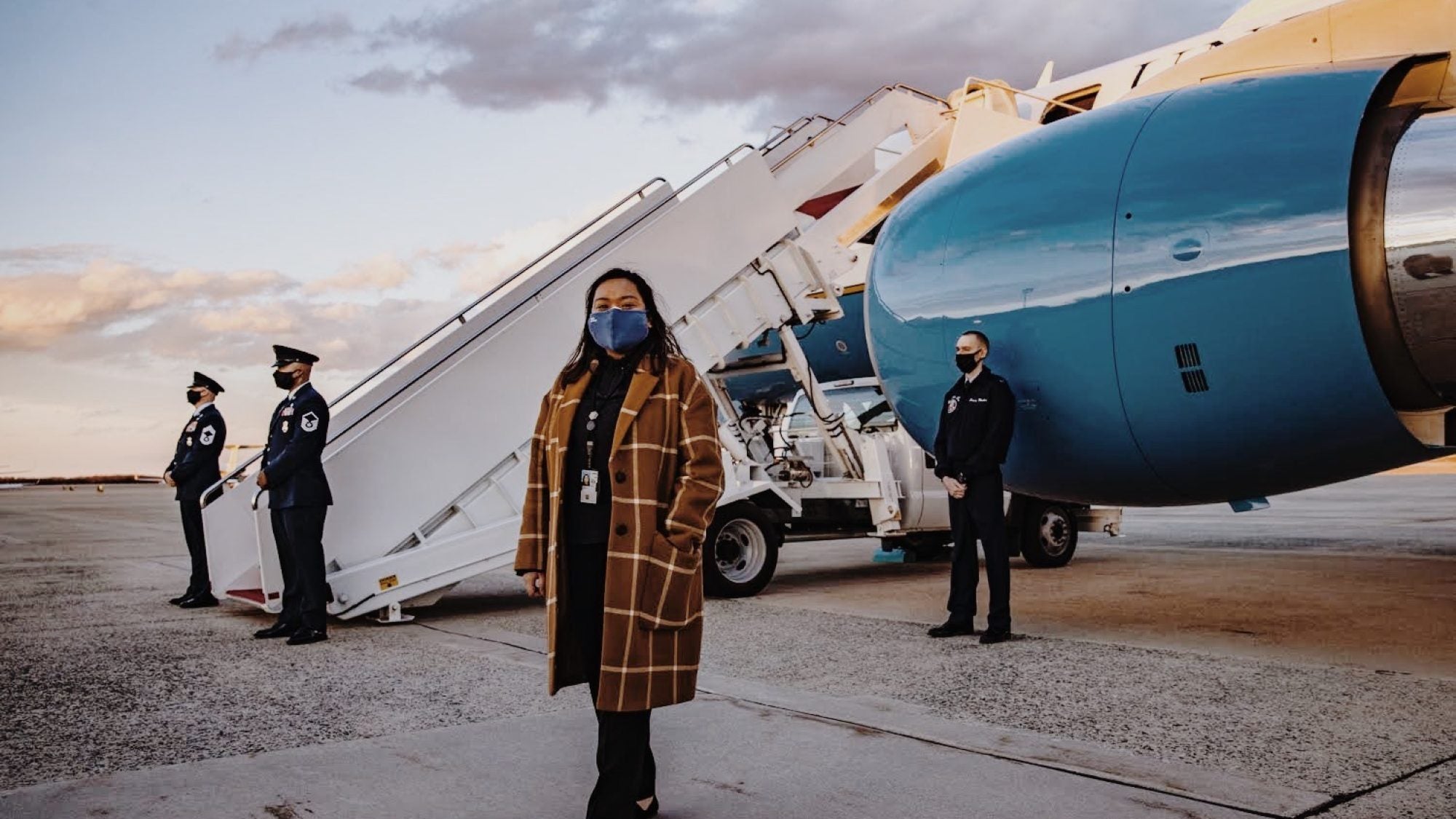 Angela Perez (C&#039;20) pictured outside Air Force One