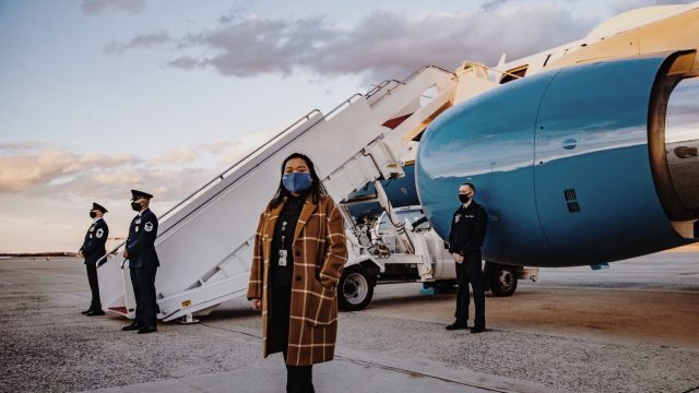 Angela Perez (C&#039;20) pictured outside Air Force One