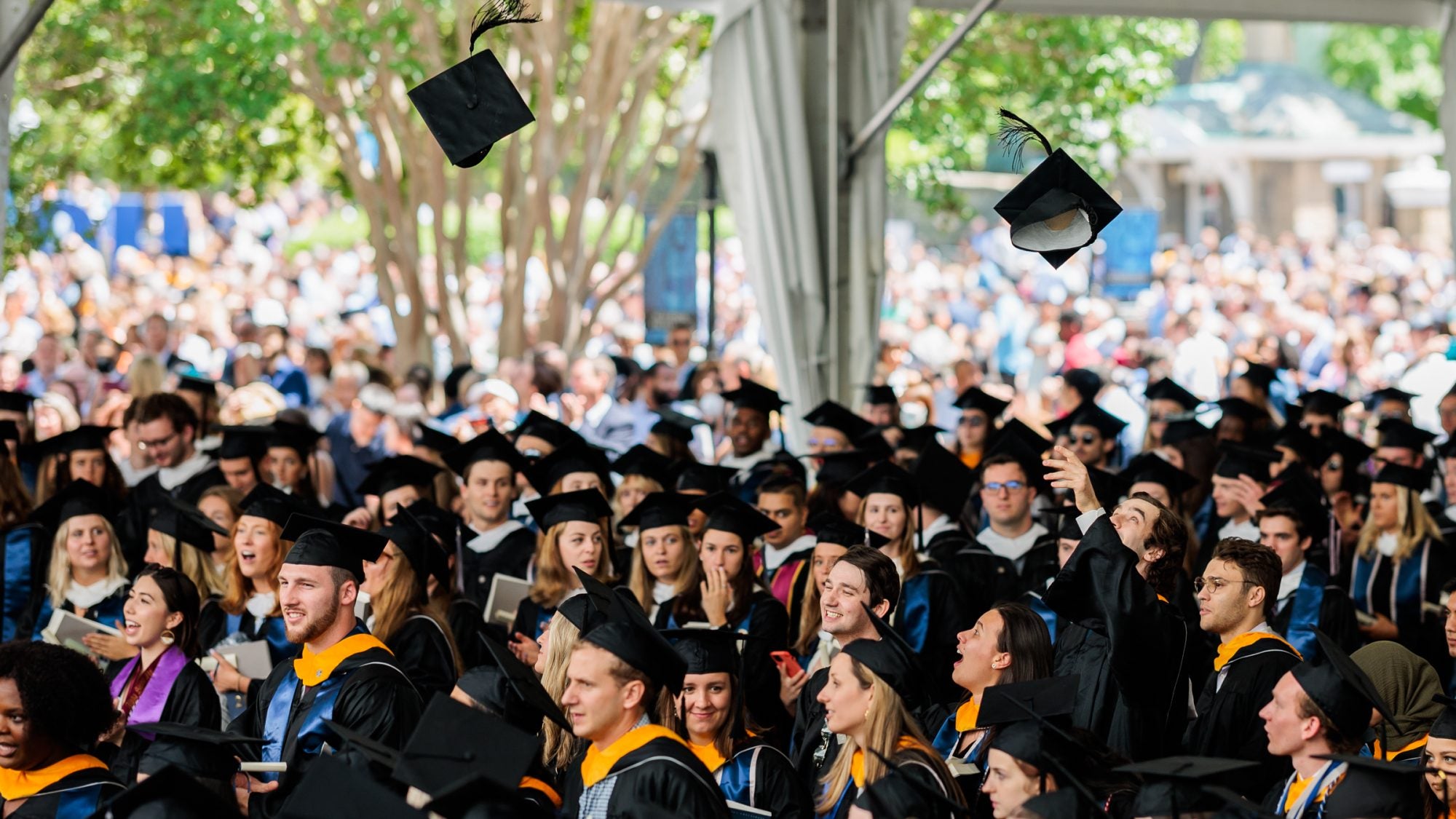 Students toss their caps into the air