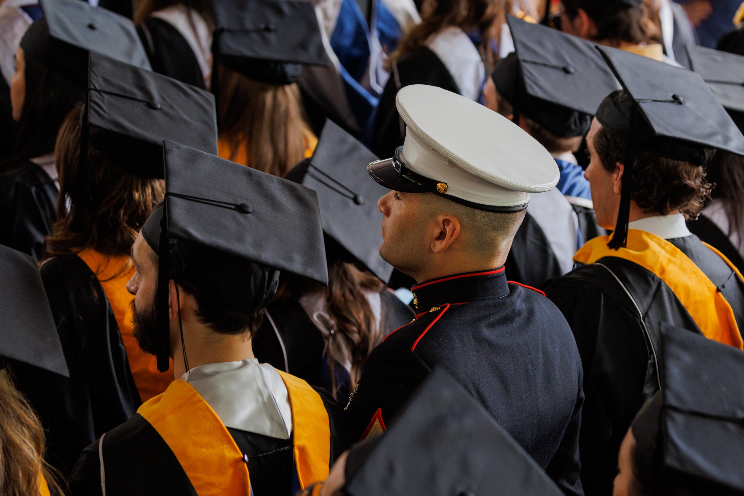 An image of graduation caps and a Marine Corps' white hat.