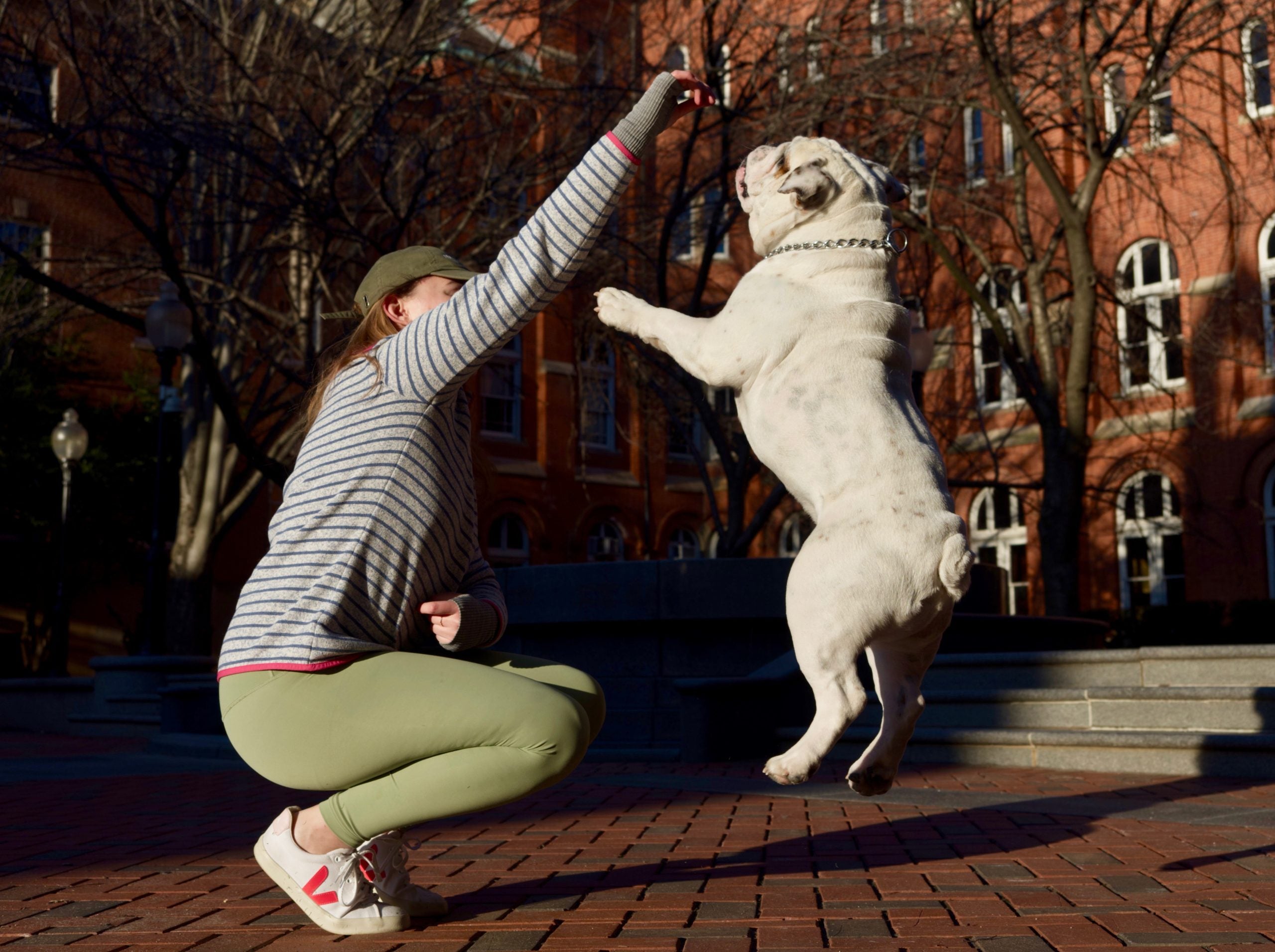 Jack jumps as Amelia holds up her arm