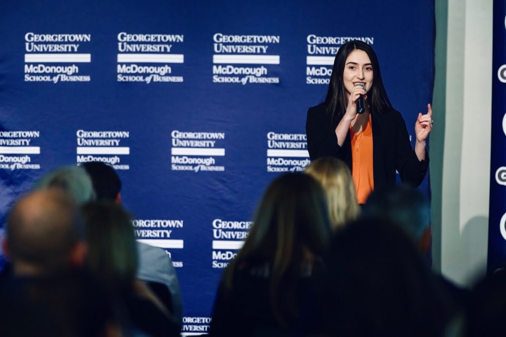Salome Mikadze (B'22) pitches her start-up idea at MSB’s annual Rocket Pitch Competition in 2020.