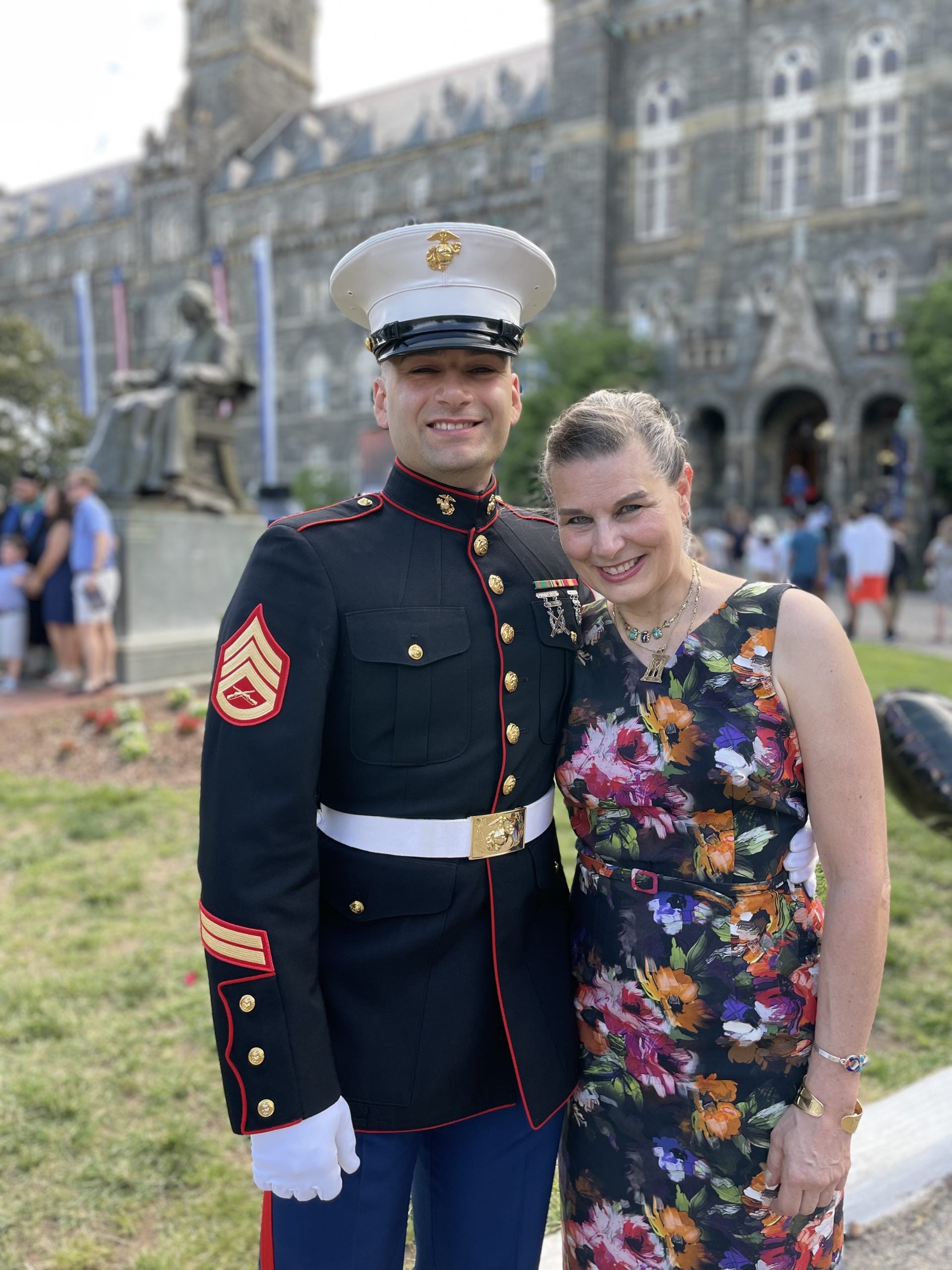 Alexandre Sayada (M’SFS) pictured with his mother in front of Healy Hall.