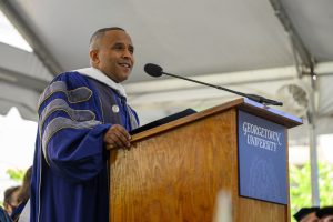 Rashad Robinson speaks at undergraduate commencement for the Class of 2020 on May 28.