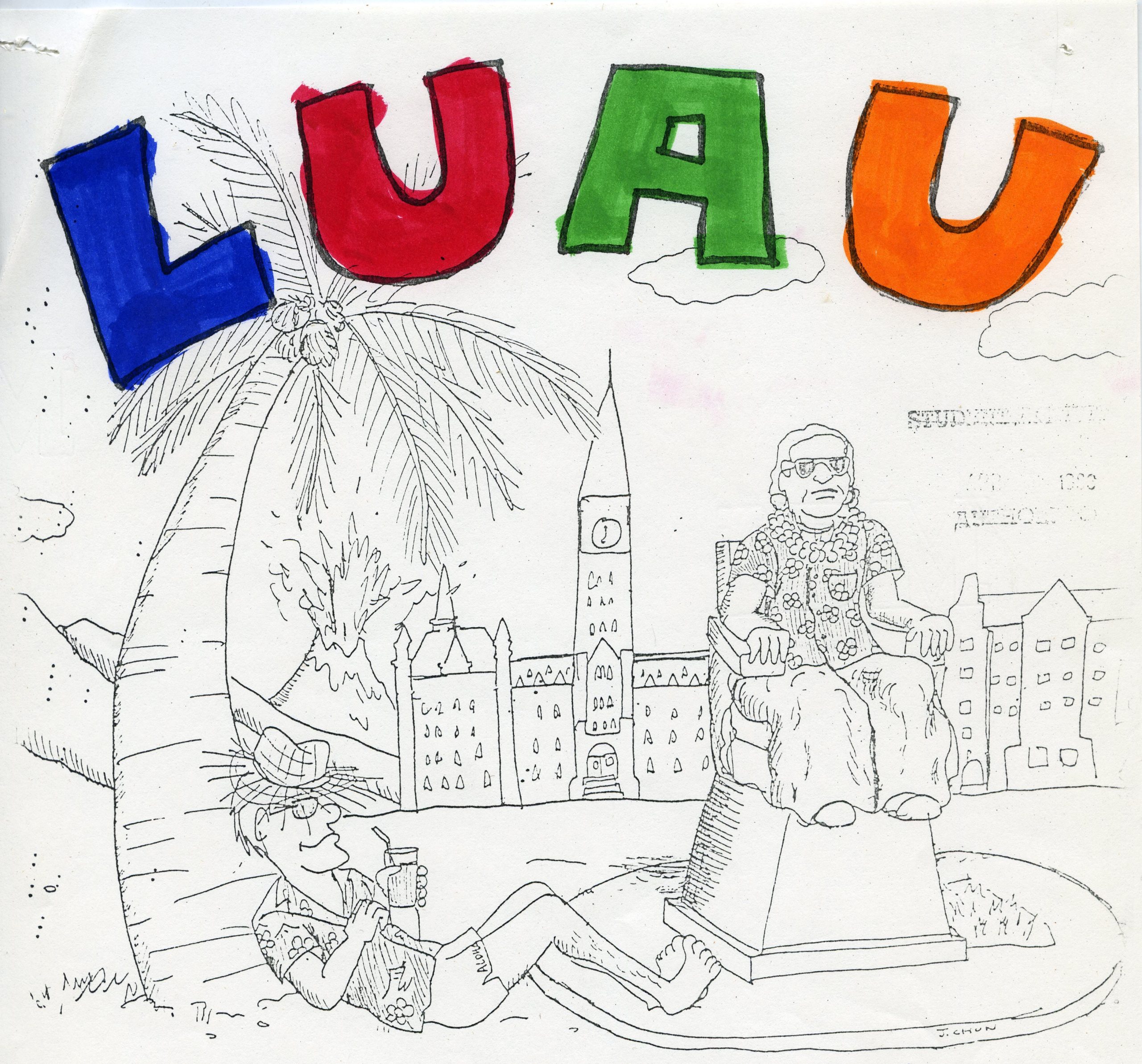 cartoon drawing of Healy Circle with the word "Luau" across the top