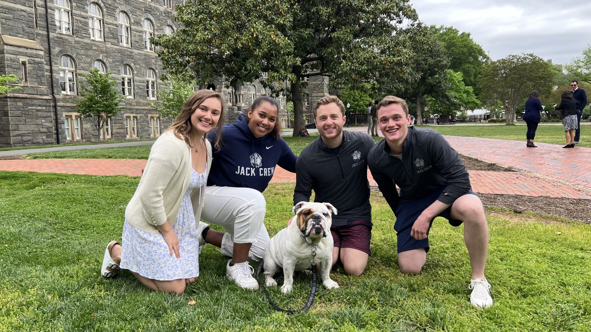 Students with Jack the Bulldog on Healy Lawn