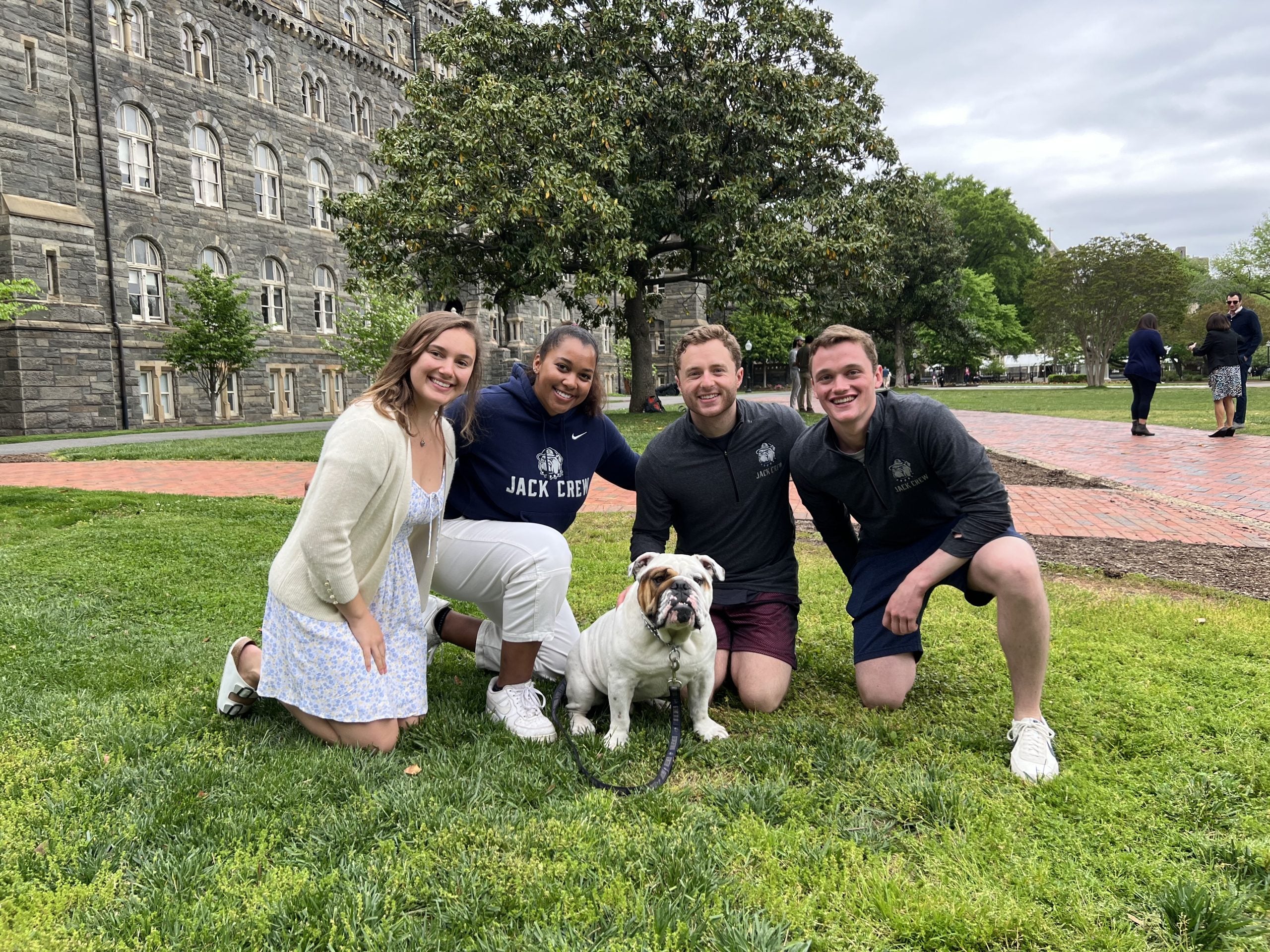 Students with Jack the Bulldog on Healy Lawn