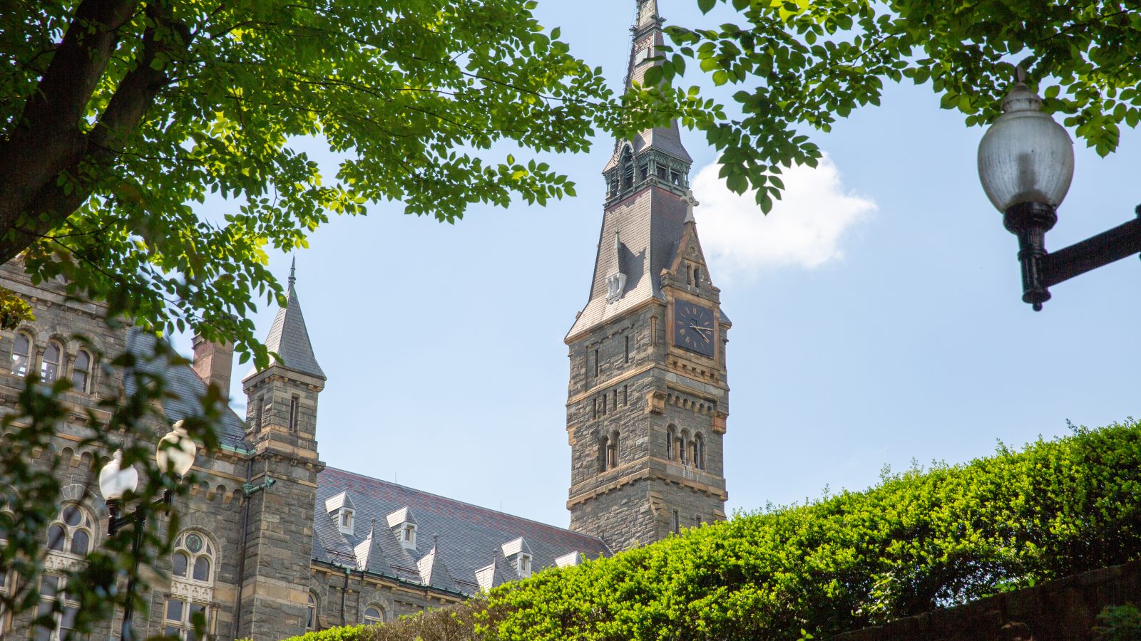 An image of the clock tower at Healy Hall on Georgetown's campus
