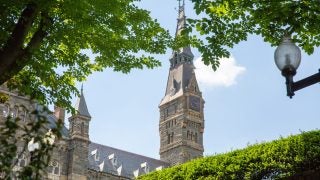 An image of the clock tower at Healy Hall on Georgetown&#039;s campus