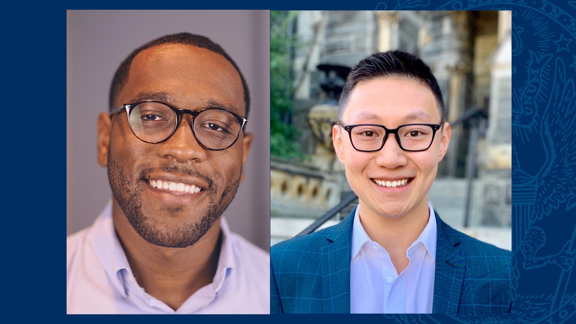 Two Hoyas&#039; headshots are pictured side by side over a blue background