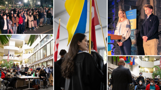 An image of Ukrainian events on campus at Georgetown and of a student carrying the Ukrainian flag.