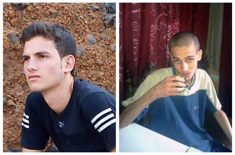 Two photos are shown side by side: A 15-year-old Omar Alshogre wearing a short-sleeve blue shirt with white stripes on the arms, and on the right, Alshogre at age 20, recovering from malnourishment shortly after he was smuggled out of prison in 2015. He wears an over-sized blue and white shirt. 