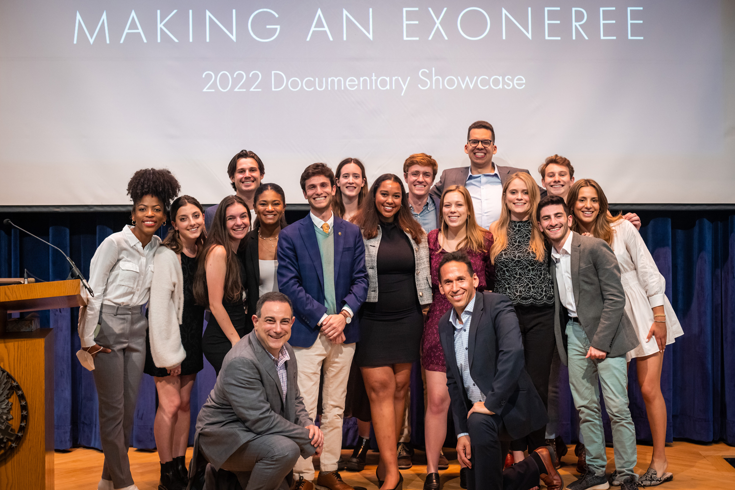 A group of students pose together for the debut of documentaries from their Making of an Exoneree class at Georgetown.
