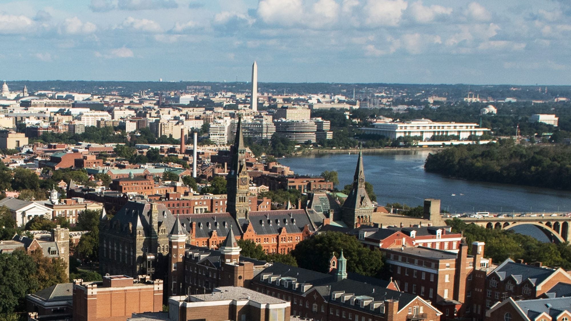 Aerial view of Georgetown&#039;s campus with Healy Hall near the Washington Monument