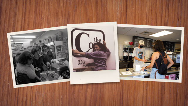 A picture of three photos of students serving students at The Corp locations on campus.