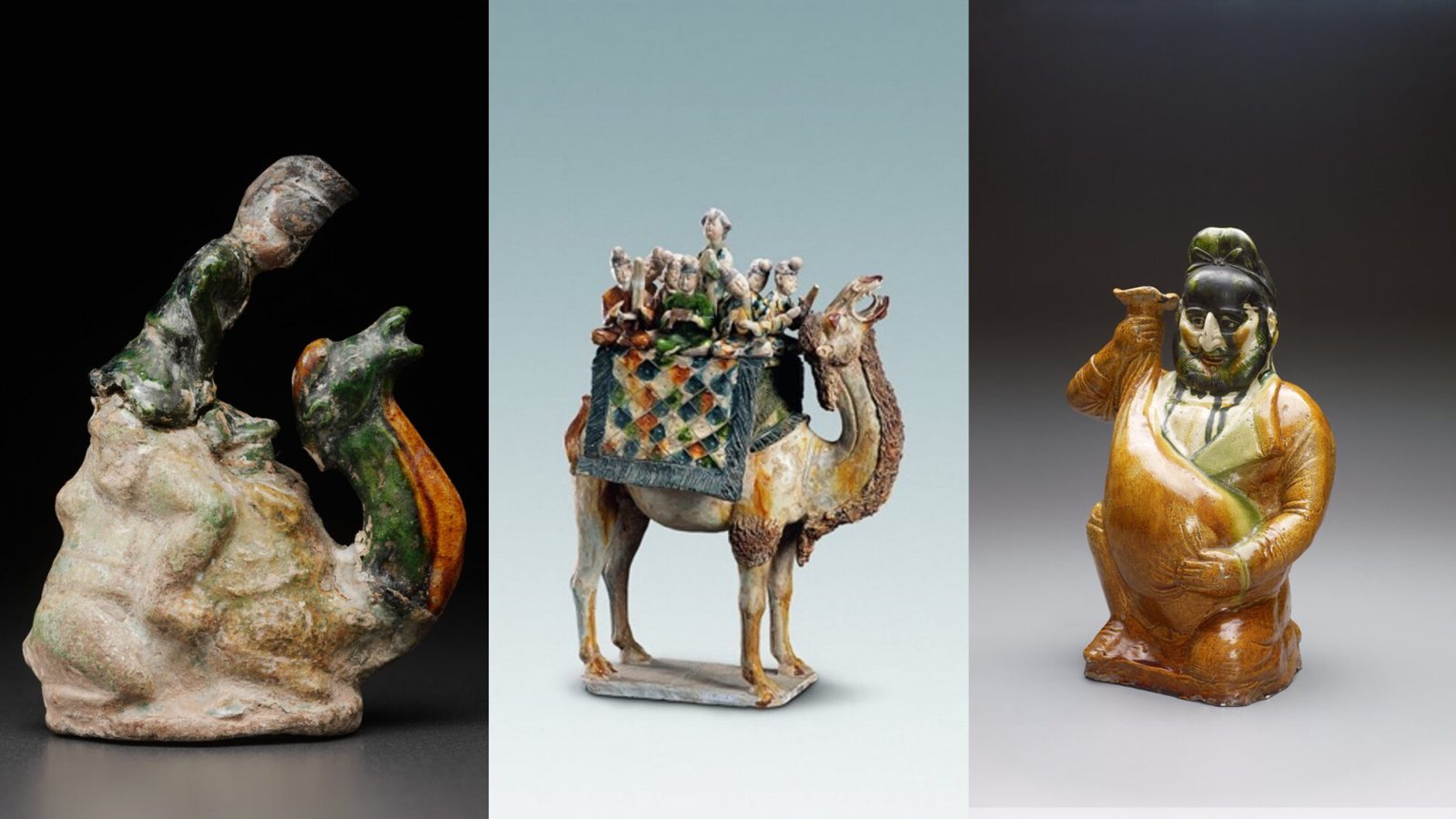 Three side-by-side images of 7th-century Chinese ceramics and pottery.