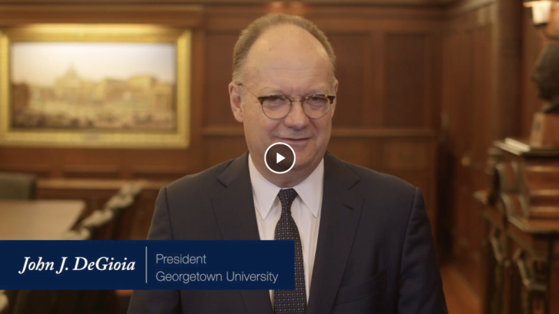 Video preview of Georgetown President John J. DeGioia speaking directly to camera