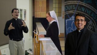 Three alumni are pictured side-by-side teaching in a classroom, professing their first vows in a church, and posing for a headshot in their priest&#039;s collar.