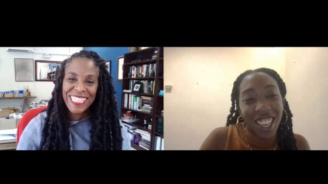 An image of two women speaking to each other on Zoom for Georgetown Library&#039;s new oral history collection that documents the stories of Black community members at Georgetown.