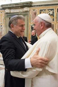 Rabbi Abraham Skorka (left) greets Pope Francis (right) at the Vatican in Rome.